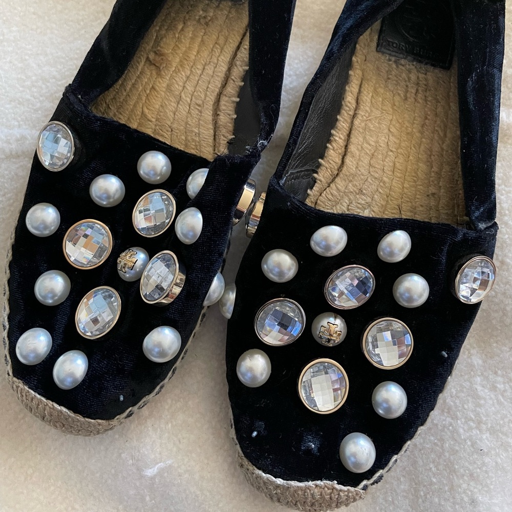 Tory Burch | Embellished Black Velvet Espadrille Flats